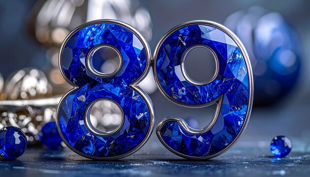Luxurious blue gemstone number 89 surrounded by sparkling jewels on a dark surface