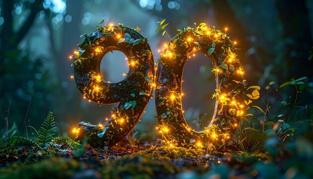 Glowing forest scene with illuminated number 90 made of plants and lights on forest floor at dusk.