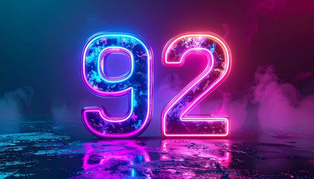 Glowing Neon Number 92 Emits Light in Dark Environment with Reflections