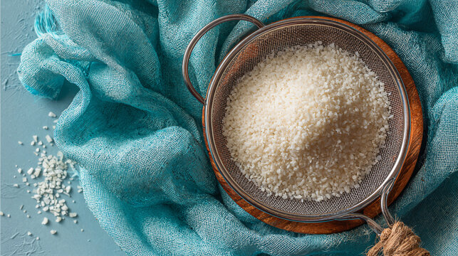 Close-up of white curd grain in a sieve with diffused overhead light and blue fabric