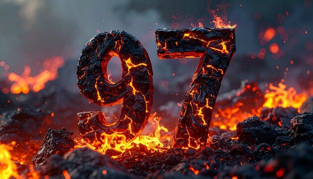 Flaming lava digits ninety seven burning on charred earth with fire