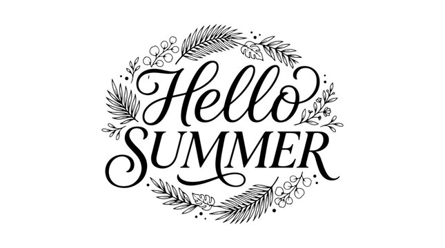 Black and white hand-drawn illustration with 'Hello SUMMER' text surrounded by a decorative wreath of leaves and botanical elements, evoking a cheerful summer greeting.
