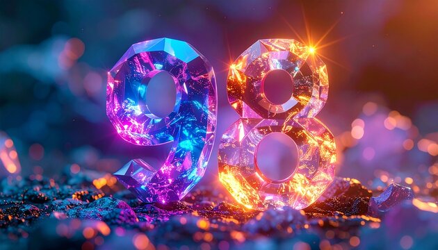 Glowing crystal numbers ninety-eight shine brightly on a sparkly surface with vibrant colors and lights.