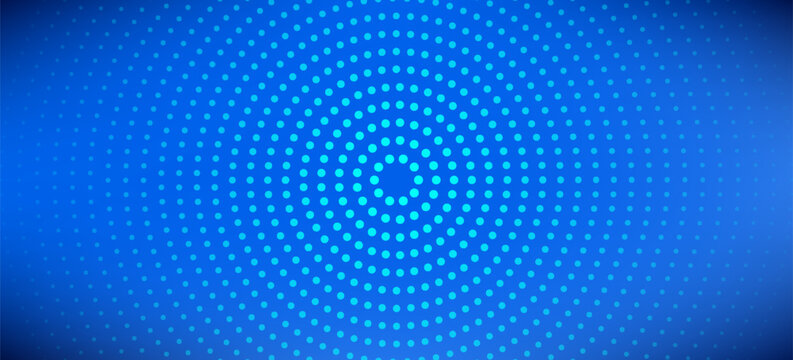 Neon blue concentric circle background. Dotted expanding epicenter waves. Radial sound signal or vibration backdrop. Dashed target, radar or sonar effect concept. Vector ripple cold gradient wallpaper