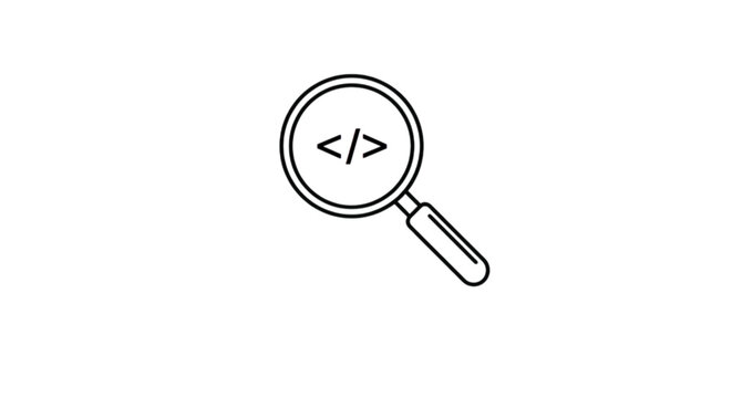 Magnifying glass lens focusing on computer program coding syntax symbol vector image portraying software debugging source code review cybersecurity auditing and technical inspection