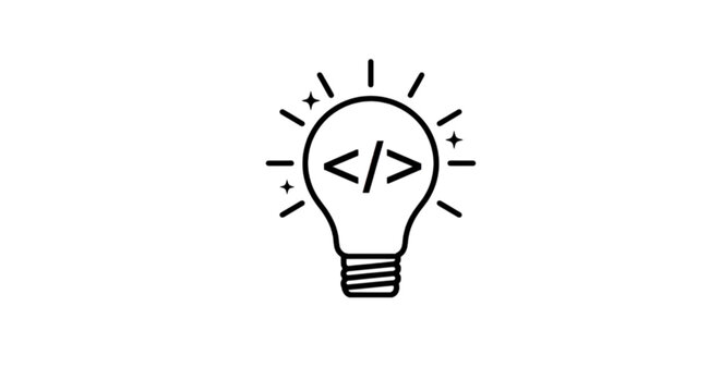 Glowing lightbulb containing a central coding symbol surrounded by shining rays representing creative programming ideas software innovation and technology vector image