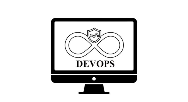 Desktop computer monitor displaying an infinity loop symbol with a secure shield representing devops integration continuous automated deployment vector image