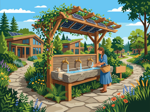A woman washes clothes at a solar-powered public washing station amidst eco-friendly homes and lush gardens. A vibrant, inviting scene.