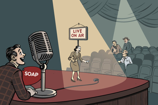 Old Time Radio Show Broadcast Scene With The Cast
