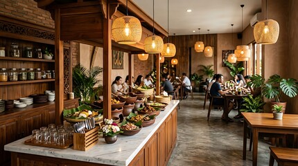 Fototapeta premium Cozy traditional restaurant interior featuring a vibrant buffet spread, diners enjoying authentic cuisine, and a warm, inviting atmosphere for a delightful meal