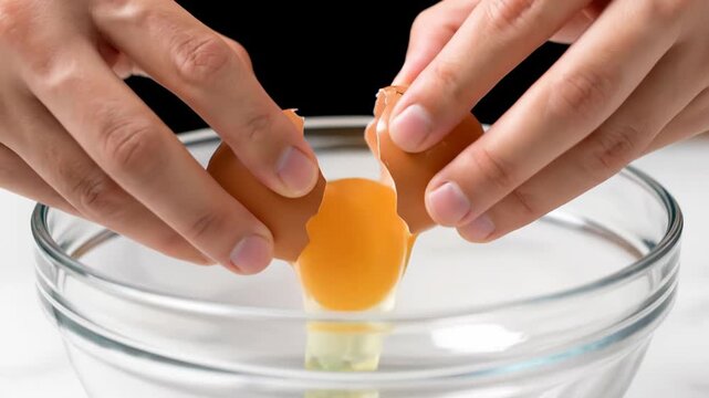 Skilled hands expertly cracking a fresh egg, its vibrant golden yolk and clear white separating into a transparent glass bowl, a fundamental step in delicious culinary preparation, 4K