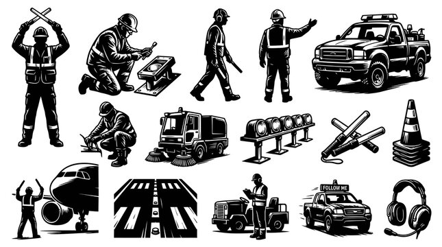 Airport Ground Crew, Vehicles, and Equipment Black and White Line Art