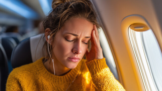 Tired young woman suffering from headache during airplane flight near window seat
