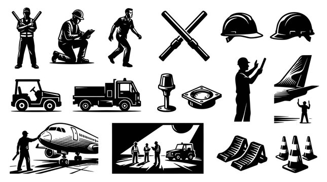 Aviation Airport Ground Operations Personnel, Vehicles, and Industrial Safety Gear Monochrome Vector Set