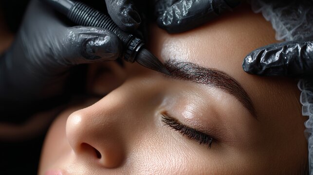 Professional eyebrow tattooing process enhancing natural beauty and providing long-lasting results for a perfect look in a beauty salon. Generative AI