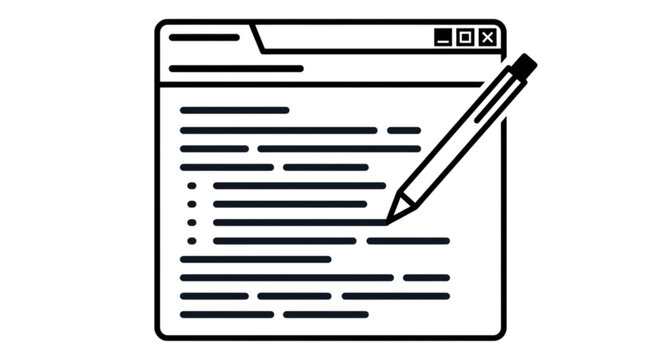 High quality vector image of a web browser interface window with lines of code being edited by a digital pen or stylus