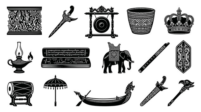 Traditional Southeast Asian Culture Symbols Set. Black and White Line Art Icons Collection.