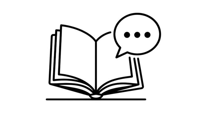 An open book line art vector image displaying a speech bubble with three dots indicating discussion, reading, learning, talking, education, or storytelling