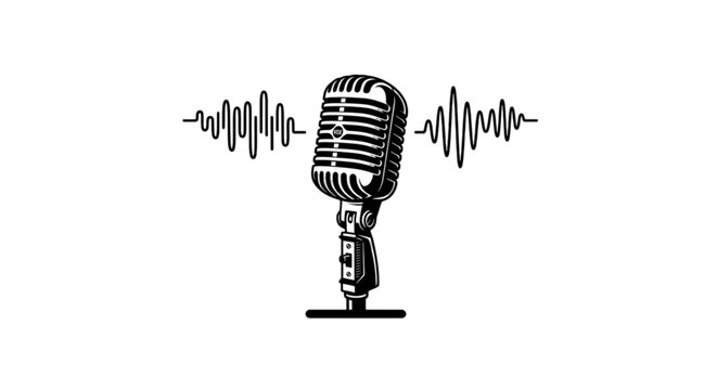 A classic vintage studio microphone vector image flanked by horizontal sound waves or audio frequencies representing voice recording, broadcasting, podcasting, or singing