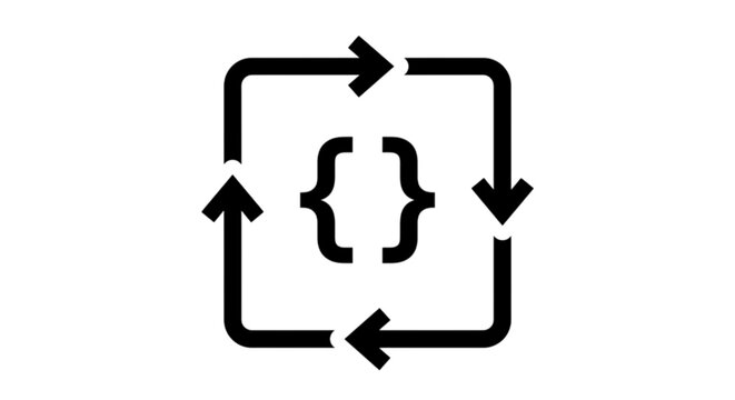 Simple black and white vector image showcasing standard curly braces code syntax symbol enclosed inside a continuous square loop cycle icon