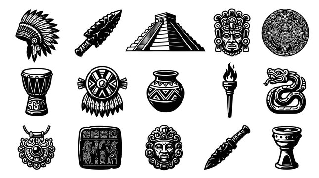 Mesoamerican Culture Ancient Artifacts Black and White Vector Line Art Icons Set. Mayan Aztec Tribal Historical Symbols Collection.