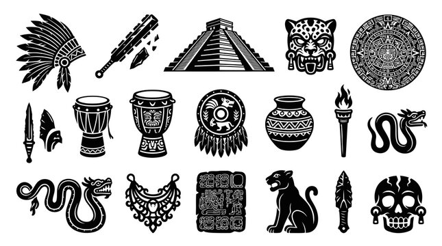 Ancient Mesoamerican Aztec Mayan Culture Black  White Glyph Vector Icons Set
