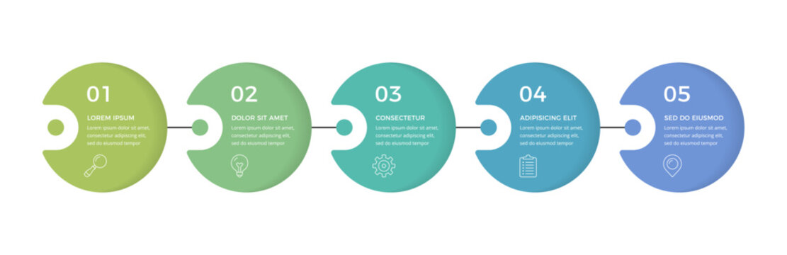 Infographic template with five connected circular steps designed for business process visualization, project management and data presentations