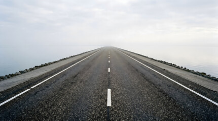 Obraz premium Straight asphalt road stretching across the water towards a misty horizon, symbolizing a long journey into the unknown future under a cloudy sky.