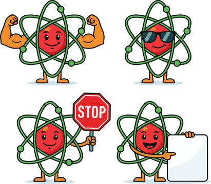 Atom mascot character set, science physics mascot collection, cartoon atom illustration, atom holding stop sign, cool atom with sunglasses, atom mascot flexing, blank board banner mascot, chemistry