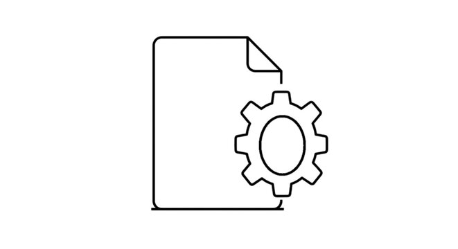 A simple outline vector image of a page document featuring a gear cog wheel on the side illustrating technical specifications or instruction manual files.