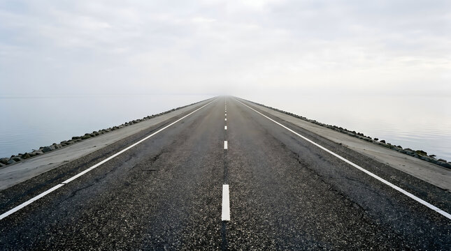 Straight asphalt road stretching across the water towards a misty horizon, symbolizing a long journey into the unknown future under a cloudy sky.