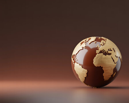 Abstract three dimensional globe conceptual design featuring textured gold continents on brown surface.