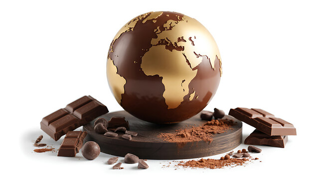 Chocolate globe on wooden pedestal surrounded by chocolate bars and cocoa powder on white background.