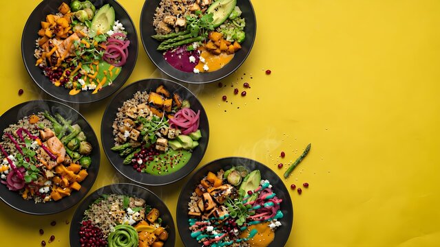 Colorful spice blends in small bowls on yellow background with scattered spices