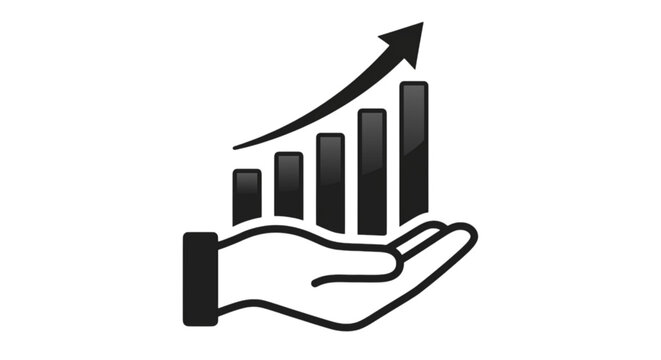 Financial concept black and white vector image icon showing a cupped human hand supporting a rising bar graph chart with an upward growth arrow.