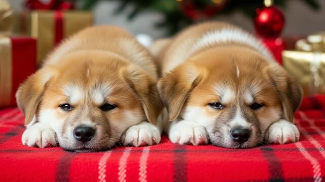 Two adorable akita puppies sleeping on a red plaid blanket