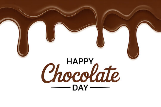 Molten dark chocolate liquid flow dripping down from top with happy chocolate day text written below.