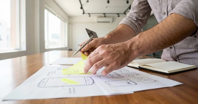 Person working on design layout with digital sketch and notes
