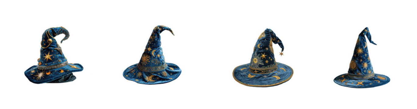 Collection of four magical witch hats with starry patterns isolated on transparent background