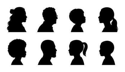 Diverse Human Head Silhouettes Collection, Vector Icons Set, Profile Views of Men, Women, and Children, Black and White Graphic Elements for Design © Roksana