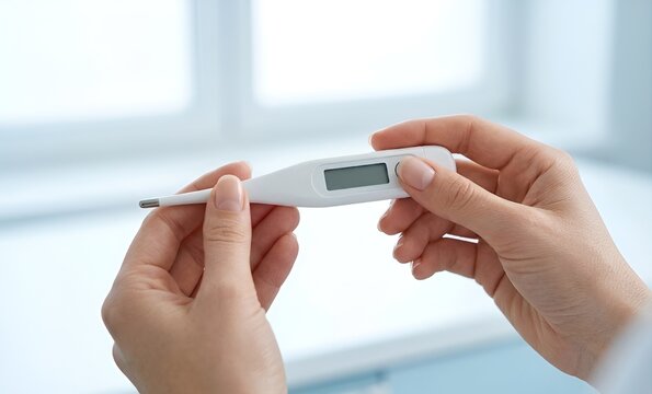 Photorealistic commercial stock photo of doctor's hands holding an empty screen digital thermometer with copy space.