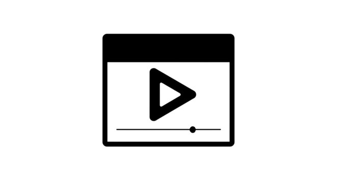 Minimalist black and white vector image of a digital video player interface window displaying a prominent central play button and timeline slider bar