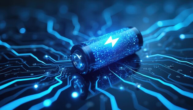 Futuristic battery glows on complex circuit board. Blue energy pulses through lines, representing fast charging tech. Concept for clean power and innovation.