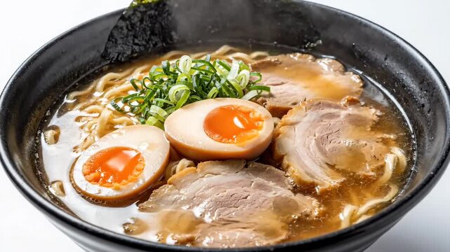 Bowl of traditional ramen with tender pork, soft-boiled eggs, and green onions in rich broth, highlighting authentic Japanese cuisine and comforting meal concept, asian dining, savory comfort