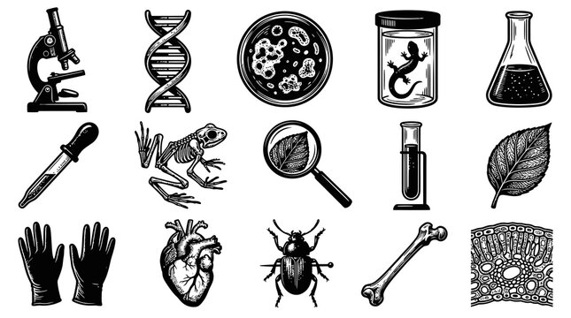 Science Icons Set: Microscope, DNA, Petri Dish, Lizard, Beaker, Frog Skeleton, Leaf, Glovers, Heart, Beetle, Bone, Cross-section