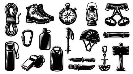 Obraz premium Outdoor Adventure Gear Set: Hiking, Camping Climbing Equipment in Monochrome Vector Engraving Style