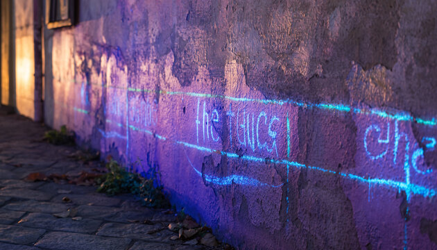 Graffiti neon sign painted on a weathered wall near cobblestone pavement.