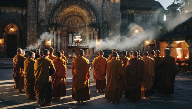 Group of monks gathered in front of an ancient temple during sunset.