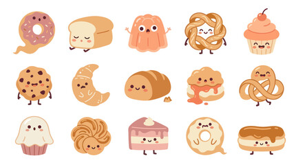 Obraz premium Cute Kawaii Bakery Food Characters: Flat Cartoon Vector Set of Sweet Treats, Desserts, and Pastries