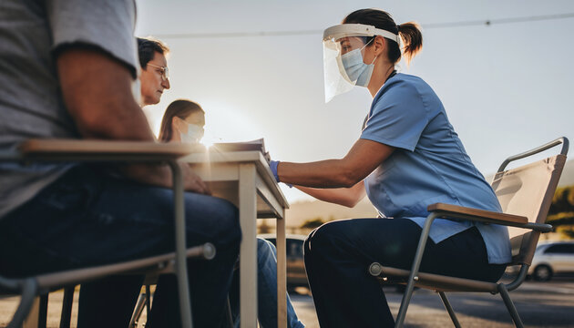 Healthcare worker in PPE consulting with patients outdoors at sunset.